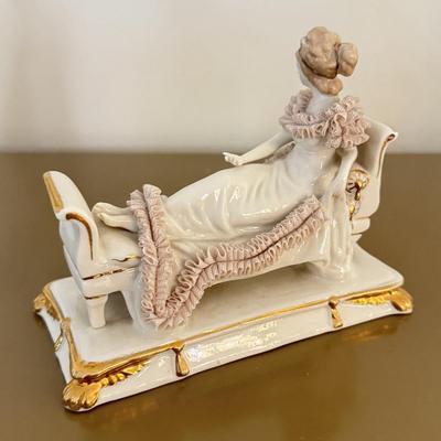 LOT 295F: Girl holding Pig Lladro, Dresden Germany Lace Porcelain Doll & Haviland Limoges Oyster Plate