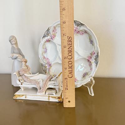 LOT 295F: Girl holding Pig Lladro, Dresden Germany Lace Porcelain Doll & Haviland Limoges Oyster Plate