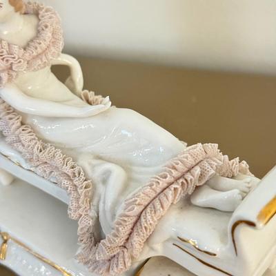 LOT 295F: Girl holding Pig Lladro, Dresden Germany Lace Porcelain Doll & Haviland Limoges Oyster Plate