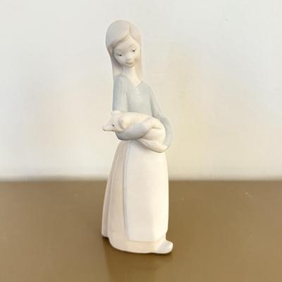 LOT 295F: Girl holding Pig Lladro, Dresden Germany Lace Porcelain Doll & Haviland Limoges Oyster Plate