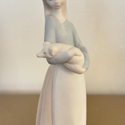 LOT 295F: Girl holding Pig Lladro, Dresden Germany Lace Porcelain Doll & Haviland Limoges Oyster Plate
