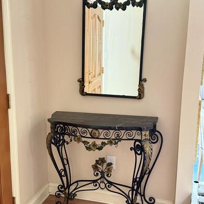 LOT 299L: Metal Floral Sculpture Wall Mirror & Matching Marble Top Table