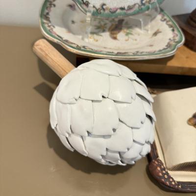 LOT 327F: Artist Signed Grapes & Cheese Plate, Ceramic Artichoke, Bird Stoneware Plates & More