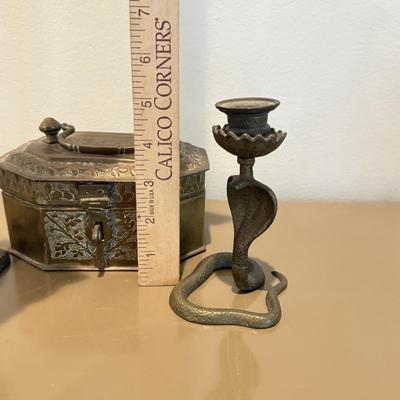 LOT 332L: Pair of Brass Cobra Candlestick Holders w/ Brass Box