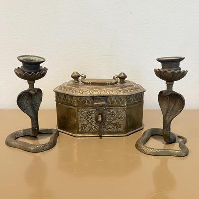 LOT 332L: Pair of Brass Cobra Candlestick Holders w/ Brass Box