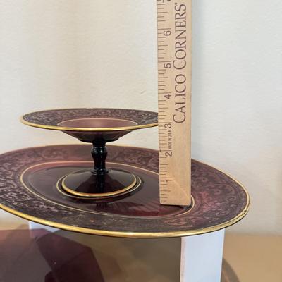 LOT 334L: 1930s Cambridge Glass Amethyst Decagon Sandwich Tray & Etched Compote w Tray