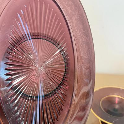 LOT 334L: 1930s Cambridge Glass Amethyst Decagon Sandwich Tray & Etched Compote w Tray