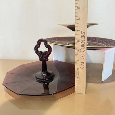 LOT 334L: 1930s Cambridge Glass Amethyst Decagon Sandwich Tray & Etched Compote w Tray