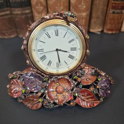 LOT 342B: Jay Strongwater Mayfair Enamel Leaf Bee Clock, Antique Books, and Ornate Bookends