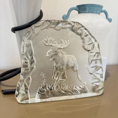 LOT 432L: Moose Relief Slab, Frosted Vase w/ Metal Top & More