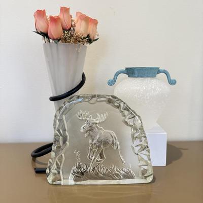 LOT 432L: Moose Relief Slab, Frosted Vase w/ Metal Top & More