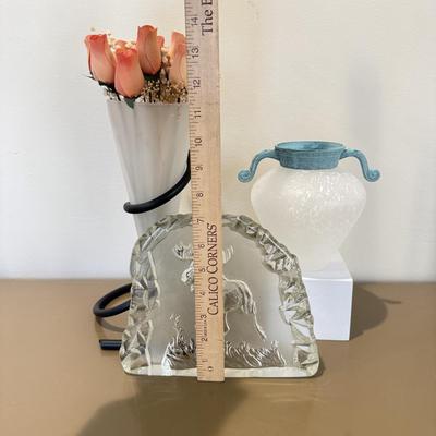 LOT 432L: Moose Relief Slab, Frosted Vase w/ Metal Top & More