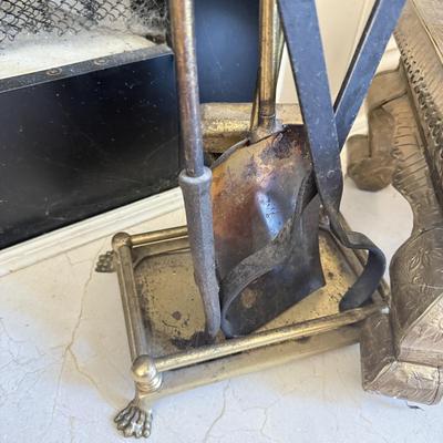 LOT 438F: Fireplace Tools, Brass Bellows & Stool