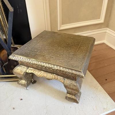 LOT 438F: Fireplace Tools, Brass Bellows & Stool