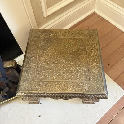 LOT 438F: Fireplace Tools, Brass Bellows & Stool