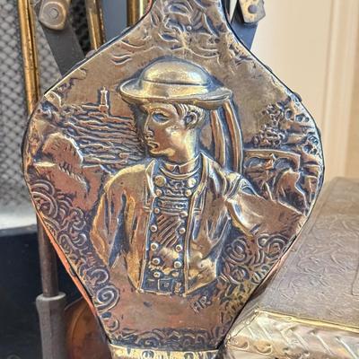LOT 438F: Fireplace Tools, Brass Bellows & Stool