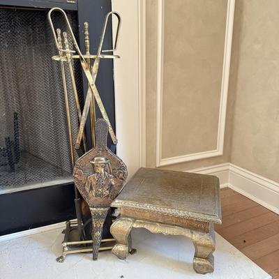 LOT 438F: Fireplace Tools, Brass Bellows & Stool