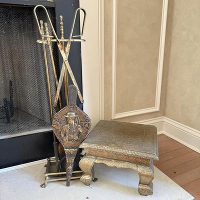 LOT 438F: Fireplace Tools, Brass Bellows & Stool