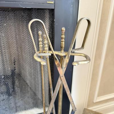 LOT 438F: Fireplace Tools, Brass Bellows & Stool