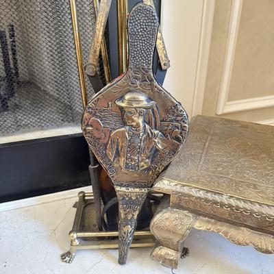 LOT 438F: Fireplace Tools, Brass Bellows & Stool