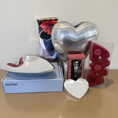 LOT 462F: Nambé Heart Dish, Paperweight, Heart Candles & More