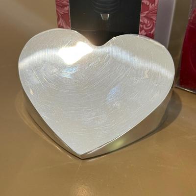 LOT 462F: Nambé Heart Dish, Paperweight, Heart Candles & More