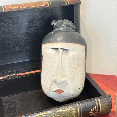 LOT 463F: Signed Sansone Pottery Head, Antler Style Brass Ashtray, Antique Books & More