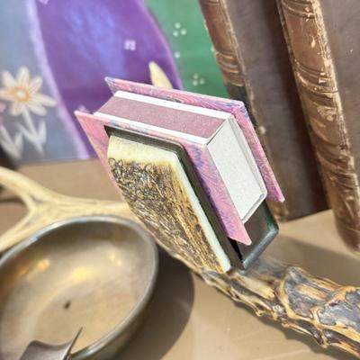 LOT 463F: Signed Sansone Pottery Head, Antler Style Brass Ashtray, Antique Books & More