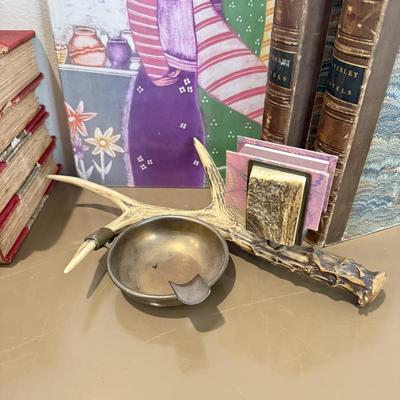 LOT 463F: Signed Sansone Pottery Head, Antler Style Brass Ashtray, Antique Books & More