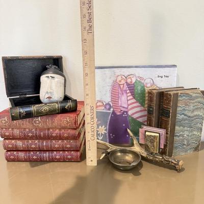 LOT 463F: Signed Sansone Pottery Head, Antler Style Brass Ashtray, Antique Books & More