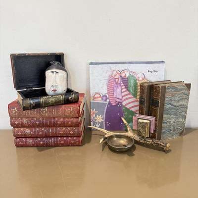 LOT 463F: Signed Sansone Pottery Head, Antler Style Brass Ashtray, Antique Books & More