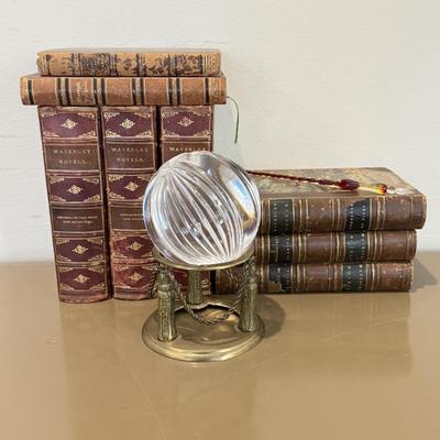 LOT 465F: Crystal Orb w/ Brass Stand, Glass Quill & Antique Books