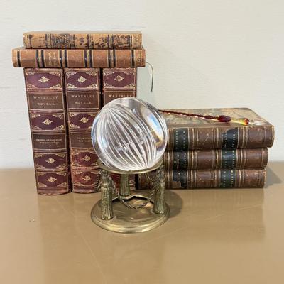 LOT 465F: Crystal Orb w/ Brass Stand, Glass Quill & Antique Books