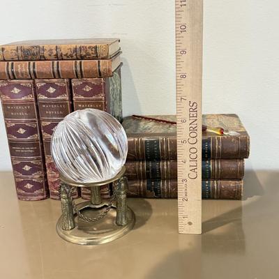 LOT 465F: Crystal Orb w/ Brass Stand, Glass Quill & Antique Books