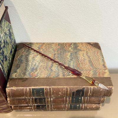 LOT 465F: Crystal Orb w/ Brass Stand, Glass Quill & Antique Books