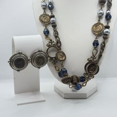 LOT 475J: 40” Coin & Bead Necklace w/ Coin Style Clip on Earrings