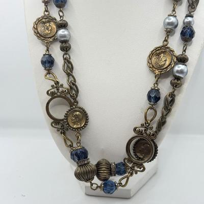 LOT 475J: 40” Coin & Bead Necklace w/ Coin Style Clip on Earrings