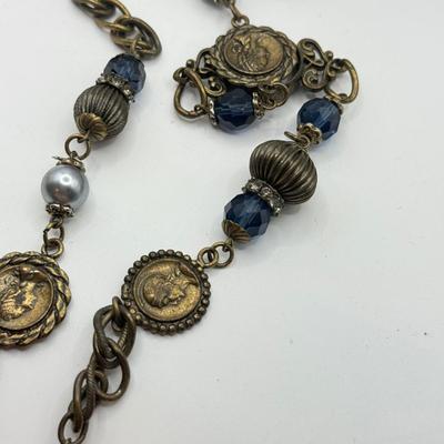 LOT 475J: 40” Coin & Bead Necklace w/ Coin Style Clip on Earrings