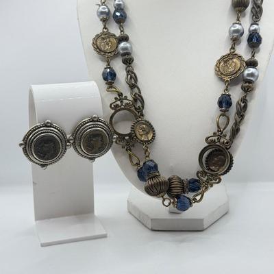 LOT 475J: 40” Coin & Bead Necklace w/ Coin Style Clip on Earrings