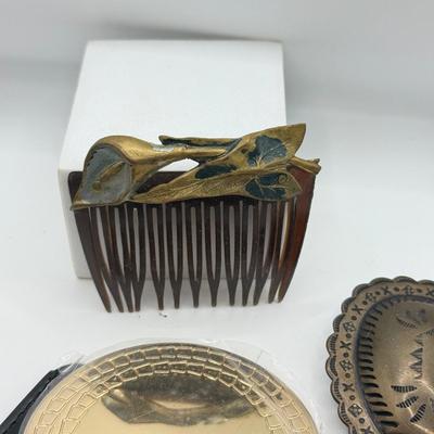 LOT 479J: Bulgari Mirror, Vintage Calla Lilly Hair Comb & Brass Belt Buckle