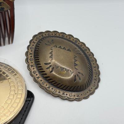 LOT 479J: Bulgari Mirror, Vintage Calla Lilly Hair Comb & Brass Belt Buckle