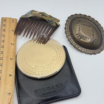 LOT 479J: Bulgari Mirror, Vintage Calla Lilly Hair Comb & Brass Belt Buckle