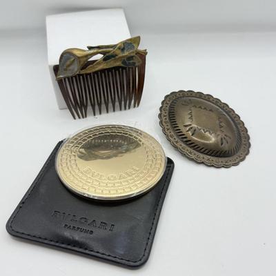 LOT 479J: Bulgari Mirror, Vintage Calla Lilly Hair Comb & Brass Belt Buckle