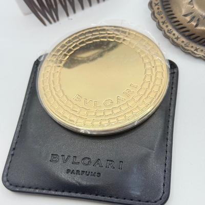 LOT 479J: Bulgari Mirror, Vintage Calla Lilly Hair Comb & Brass Belt Buckle