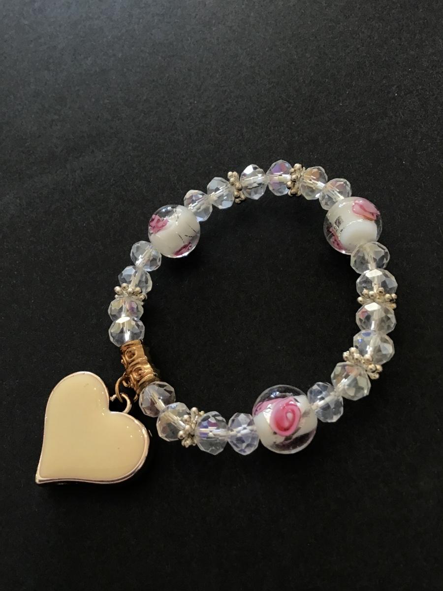 Beautiful rose glass and crystal bead stretch bracelet with enamel heart charm
