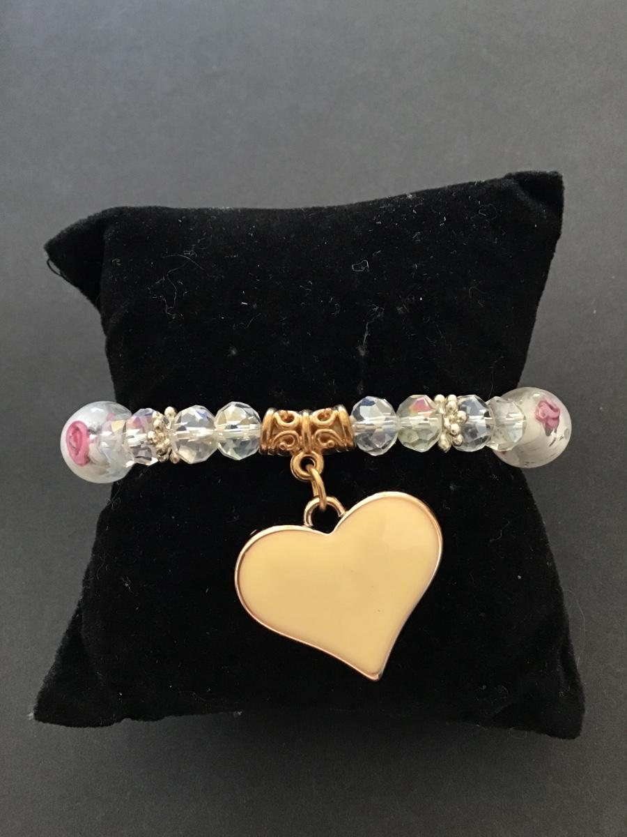 Beautiful rose glass and crystal bead stretch bracelet with enamel heart charm