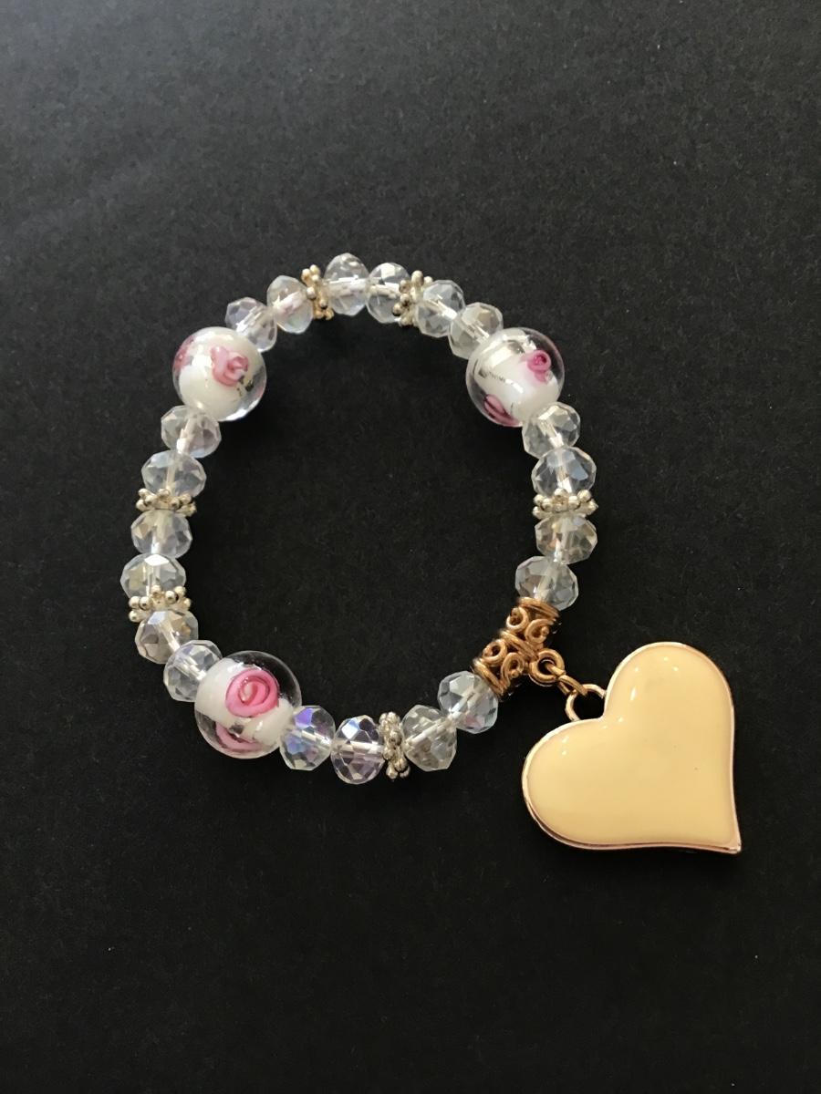 Beautiful rose glass and crystal bead stretch bracelet with enamel heart charm