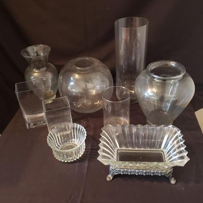 F.B. Roger's Silver Co Centerpiece Bowl & More Clear Glass Vases (DR-KD)