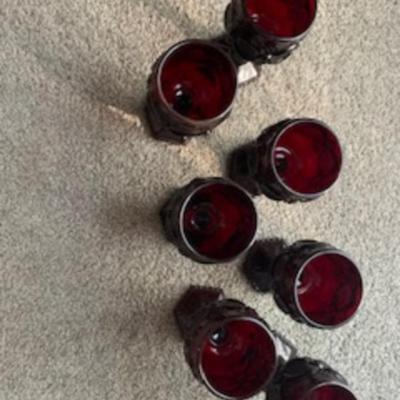 Vintage Ruby Red Glass Goblets Set of 7 Hexagonal Base