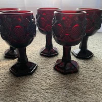 Vintage Ruby Red Glass Goblets Set of 7 Hexagonal Base